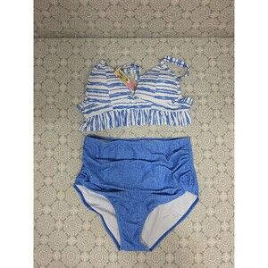Blue Stripe High Waist Two Piece‎ Bikini Set Swimsuit Beach Summer Small